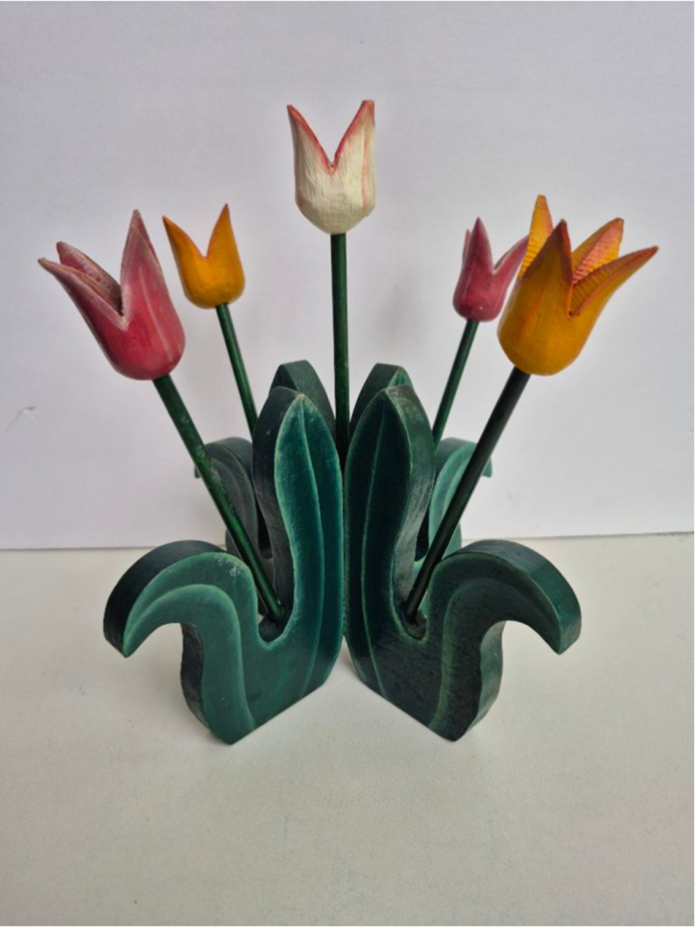 Vintage 1998 Signed Canadian Folk Art Wooden Tulips Table Decor, Hand Carved P+M